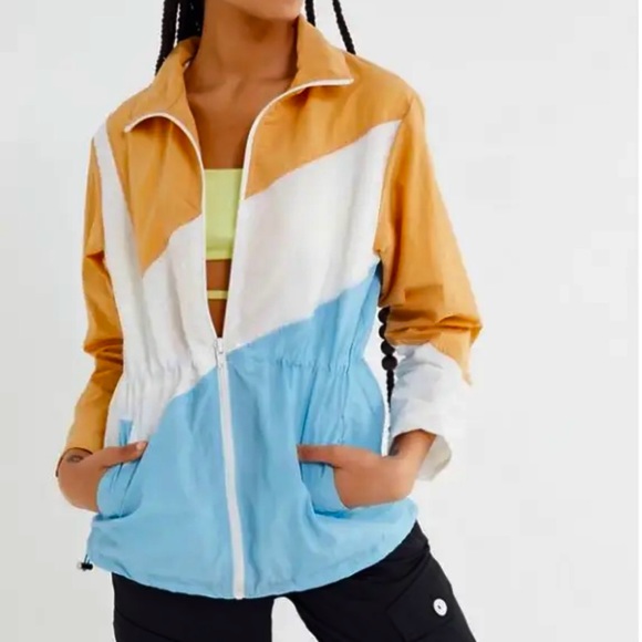 Urban Outfitters Colorblock Windbreaker 90s Blue White Tan S Oversized Athletic - Picture 1 of 9